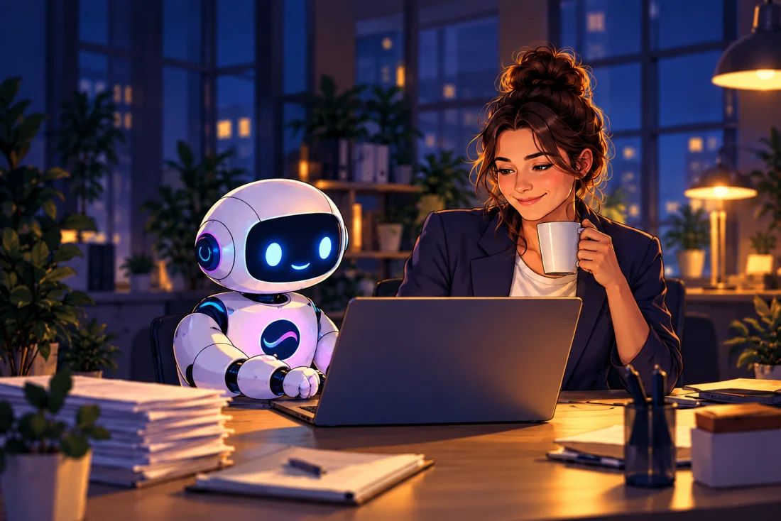 Eine Mitarbeiterin und ihr digitaler Assistent bearbeiten gemeinsam Aufgaben am Laptop.
