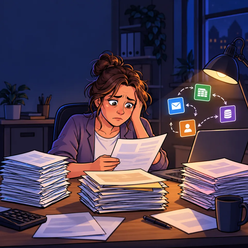 Eine Mitarbeiterin sitzt zwischen Papierstapeln, E-Mails und Tabellen an ihrem Schreibtisch.